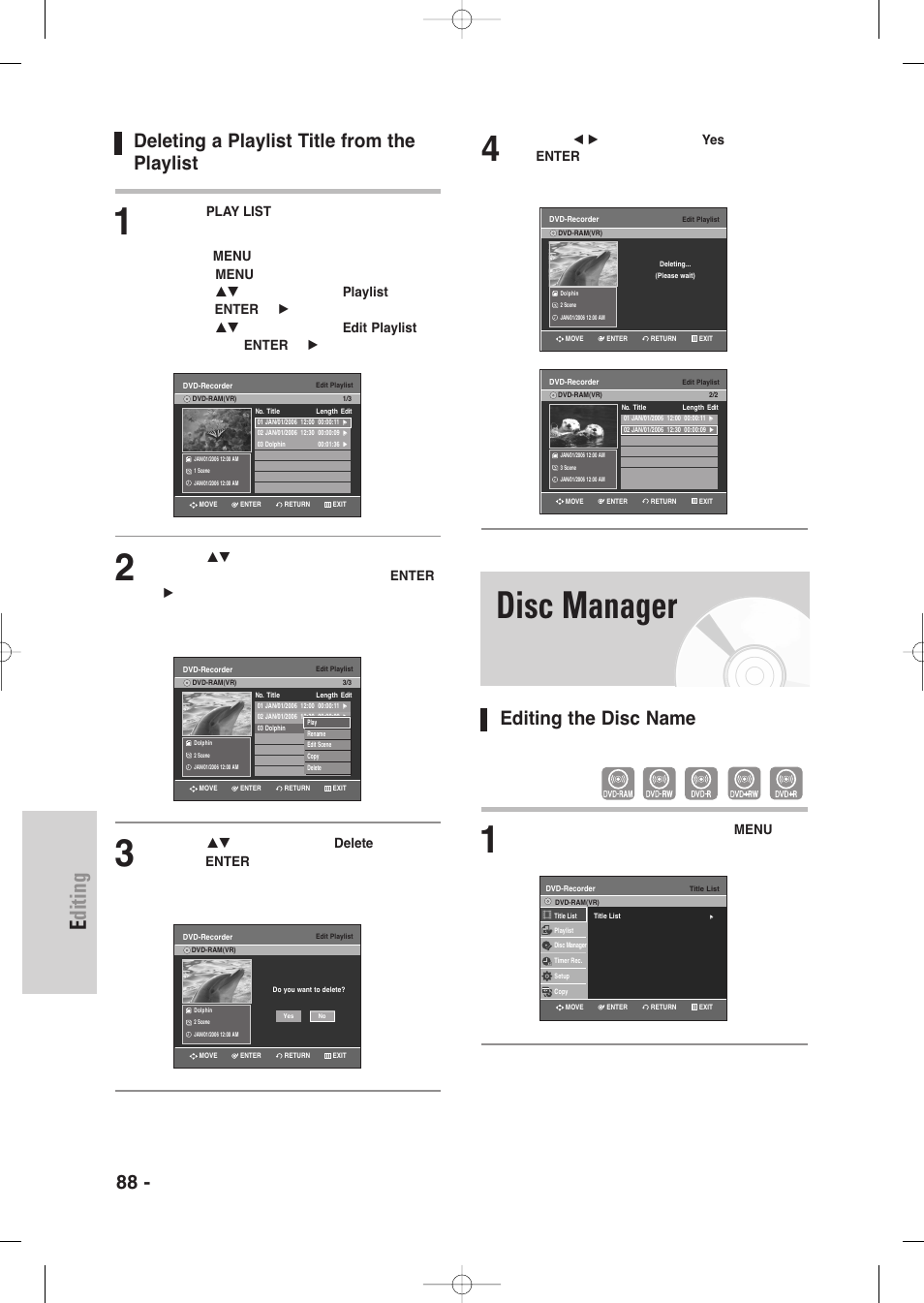 Deleting a playlist title from the playlist, Disc manager, Editing the disc name | Editing, 88 - english | Samsung DVD-VR335-XAA User Manual | Page 88 / 103