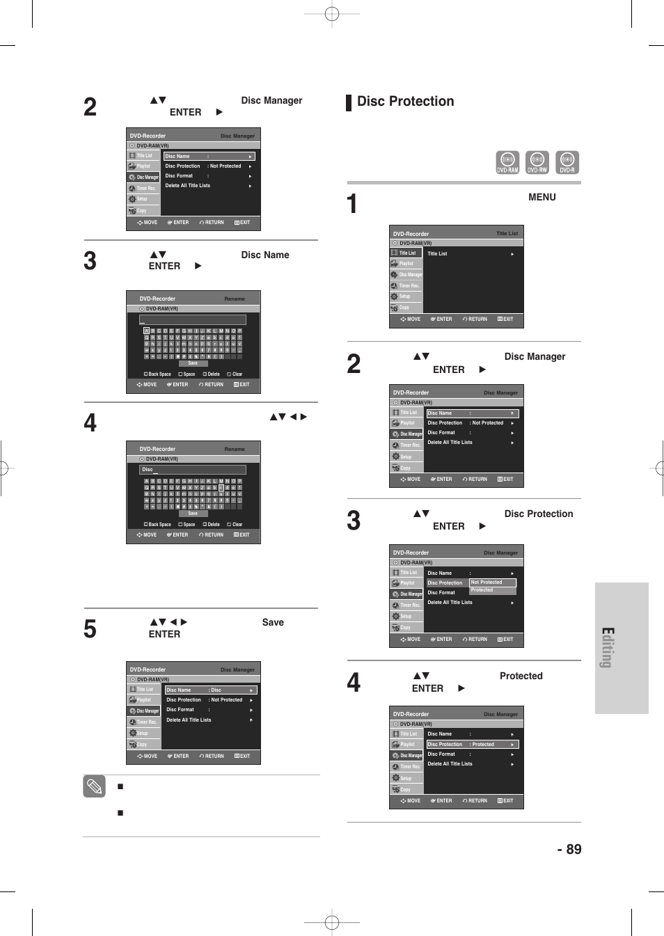 Disc protection, Editing, English - 89 | With the unit in stop mode, press the menu button | Samsung DVD-VR335-XAA User Manual | Page 89 / 103