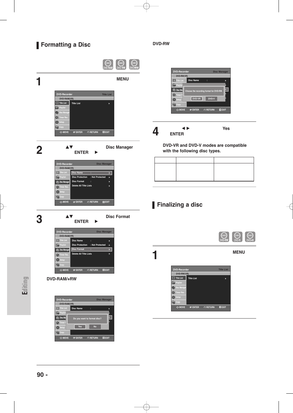 Formatting a disc, Finalizing a disc, Editing | 90 - english, With the unit in stop mode, press the menu button, Dvd-vr dvd-v dvd-ram dvd-rw dvd-rw dvd-r disc | Samsung DVD-VR335-XAA User Manual | Page 90 / 103