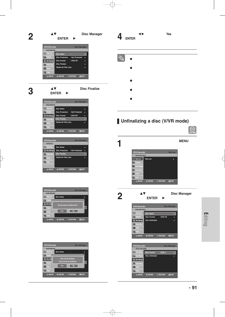 Unfinalizing a disc (v/vr mode), Editing, English - 91 | With the unit in stop mode, press the menu button | Samsung DVD-VR335-XAA User Manual | Page 91 / 103