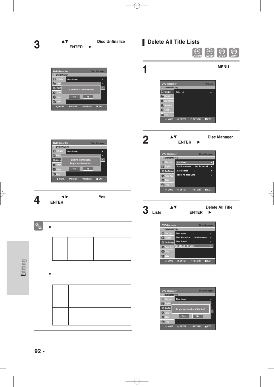 Delete all title lists, Editing, 92 - english | With the unit in stop mode, press the menu button | Samsung DVD-VR335-XAA User Manual | Page 92 / 103