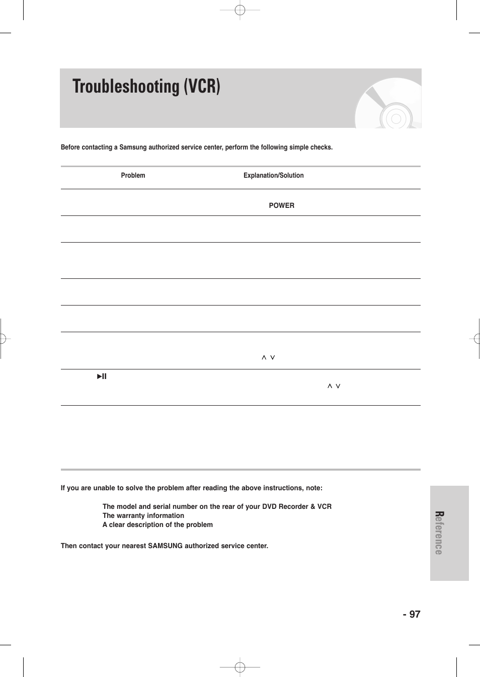 Troubleshooting (vcr), Reference, English - 97 | Samsung DVD-VR335-XAA User Manual | Page 97 / 103
