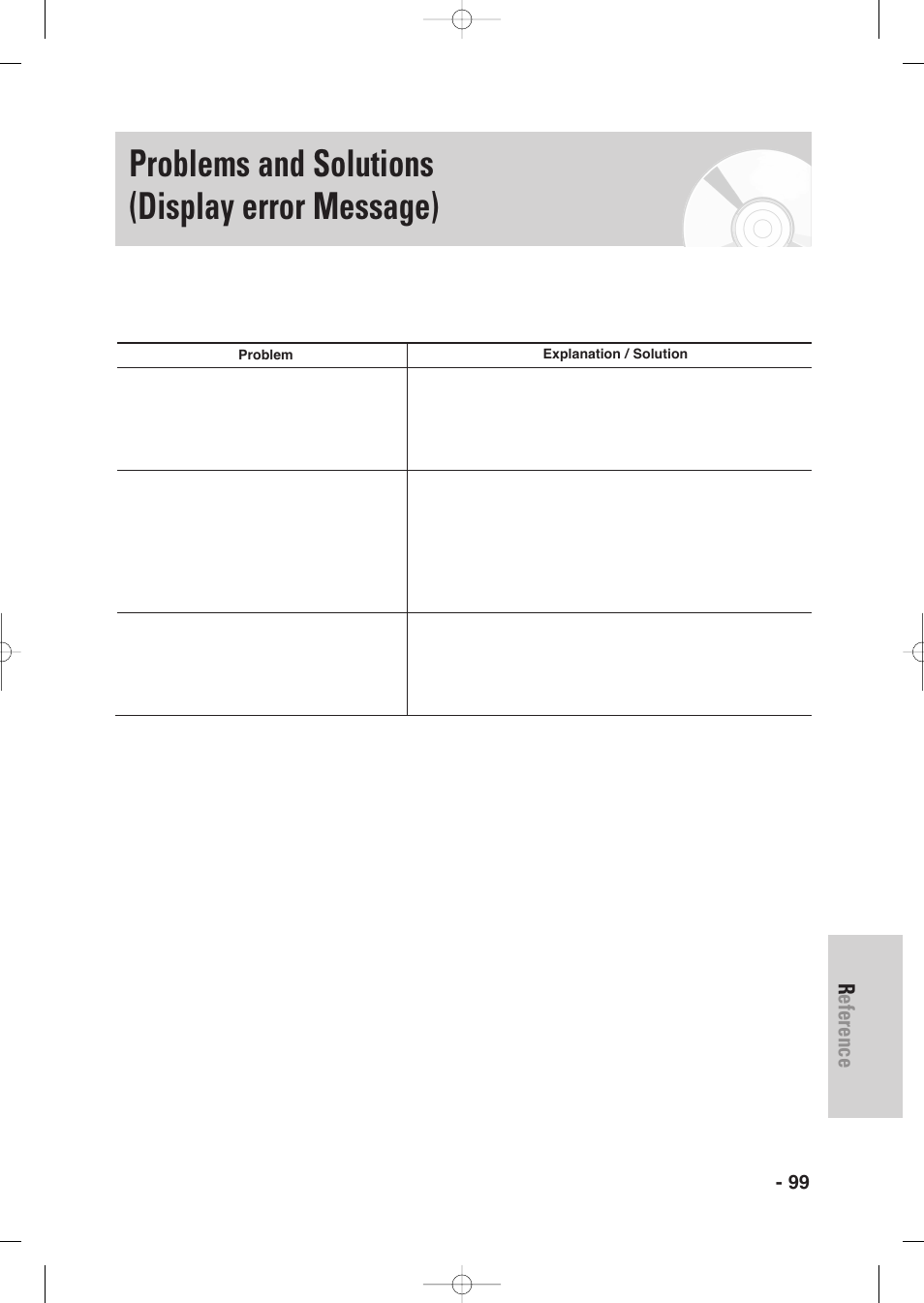 Problems and solutions (display error message), Reference, English - 99 | Samsung DVD-VR335-XAA User Manual | Page 99 / 103