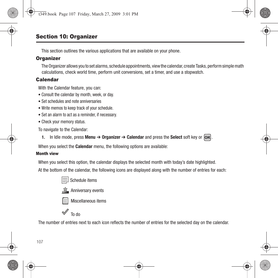 Section 10: organizer, Organizer, Calendar | Organizer calendar | Samsung SGH-T349AGATMB User Manual | Page 110 / 155