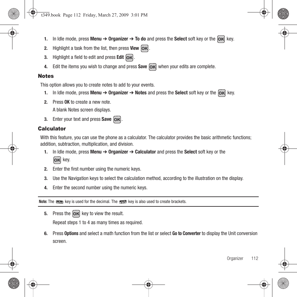 Notes, Calculator, Notes calculator | Samsung SGH-T349AGATMB User Manual | Page 115 / 155