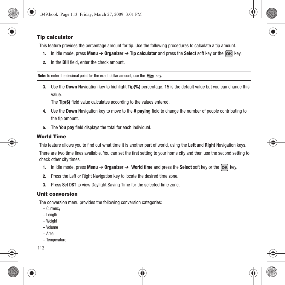 Tip calculator, World time, Unit conversion | Tip calculator world time unit conversion | Samsung SGH-T349AGATMB User Manual | Page 116 / 155