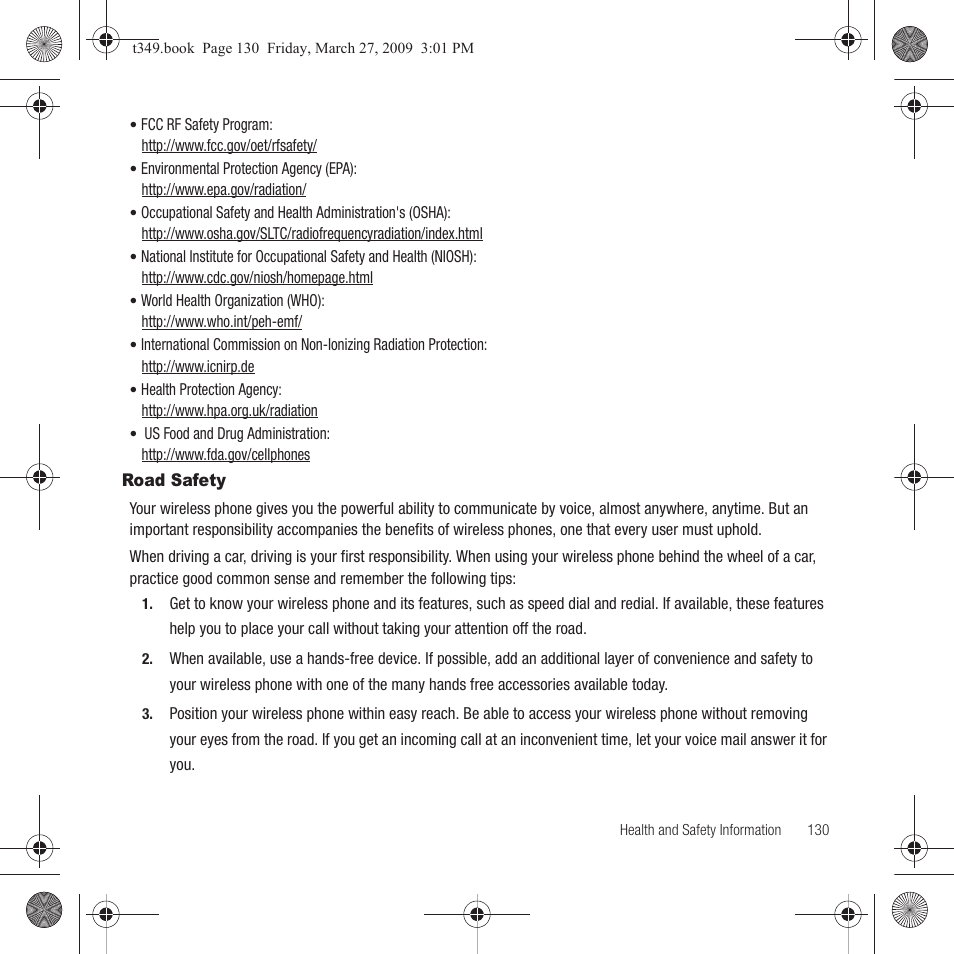 Road safety | Samsung SGH-T349AGATMB User Manual | Page 133 / 155