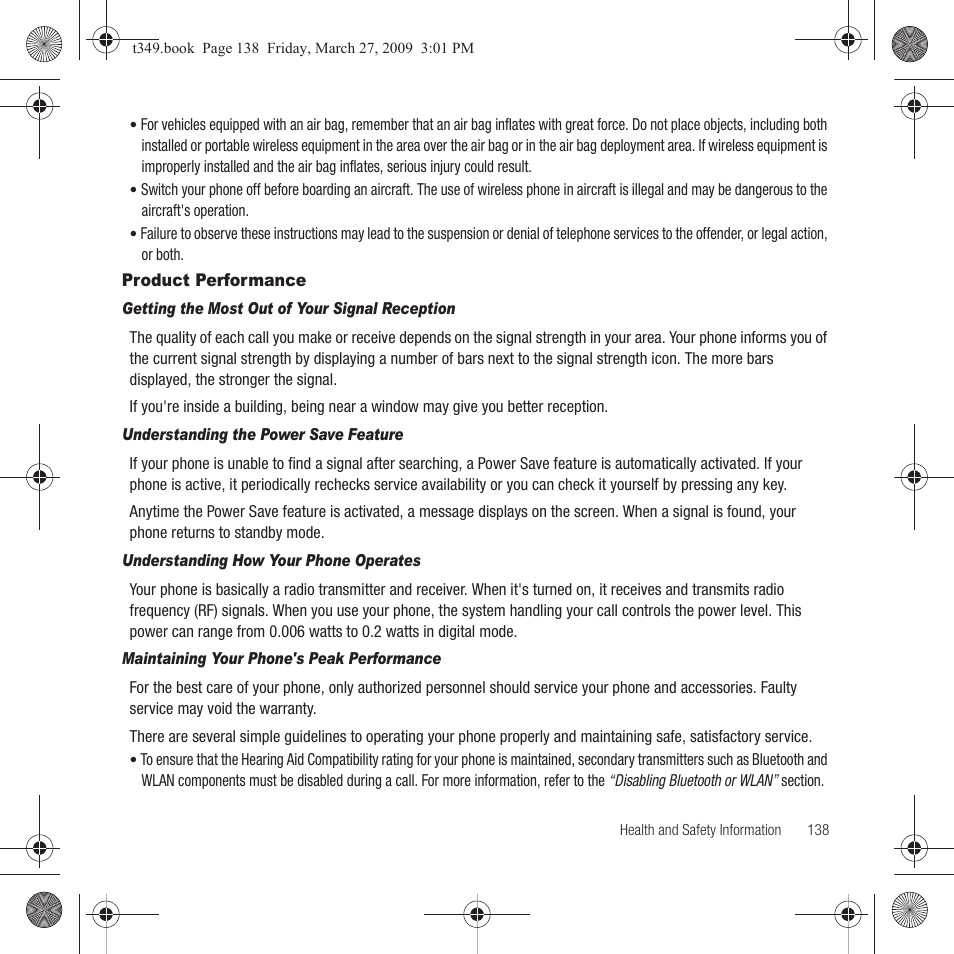 Product performance | Samsung SGH-T349AGATMB User Manual | Page 141 / 155