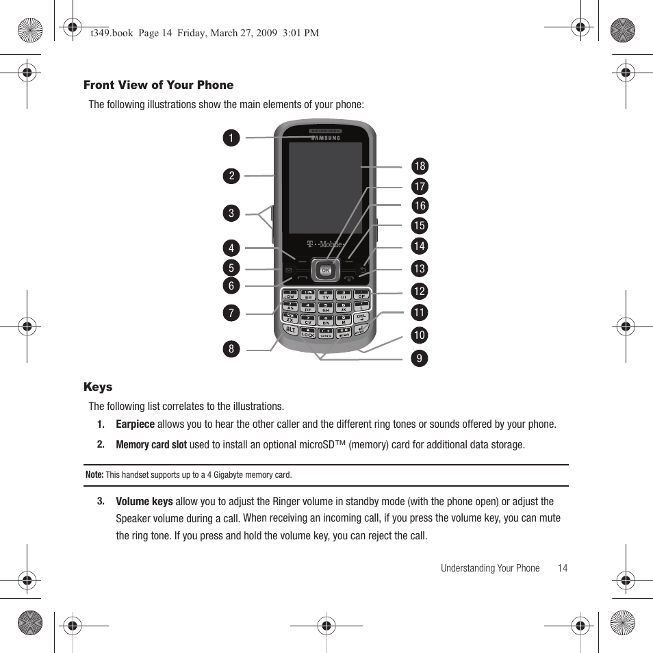 Front view of your phone, Keys, Front view of your phone keys | Samsung SGH-T349AGATMB User Manual | Page 17 / 155