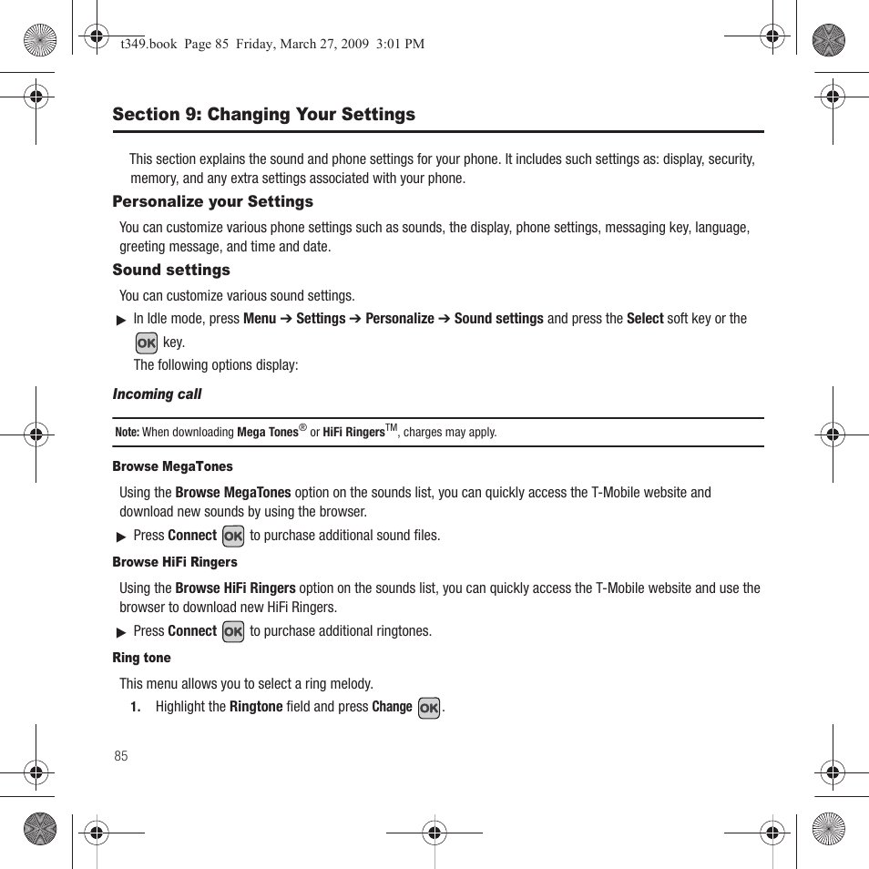 Section 9: changing your settings, Personalize your settings, Sound settings | Personalize your settings sound settings | Samsung SGH-T349AGATMB User Manual | Page 88 / 155