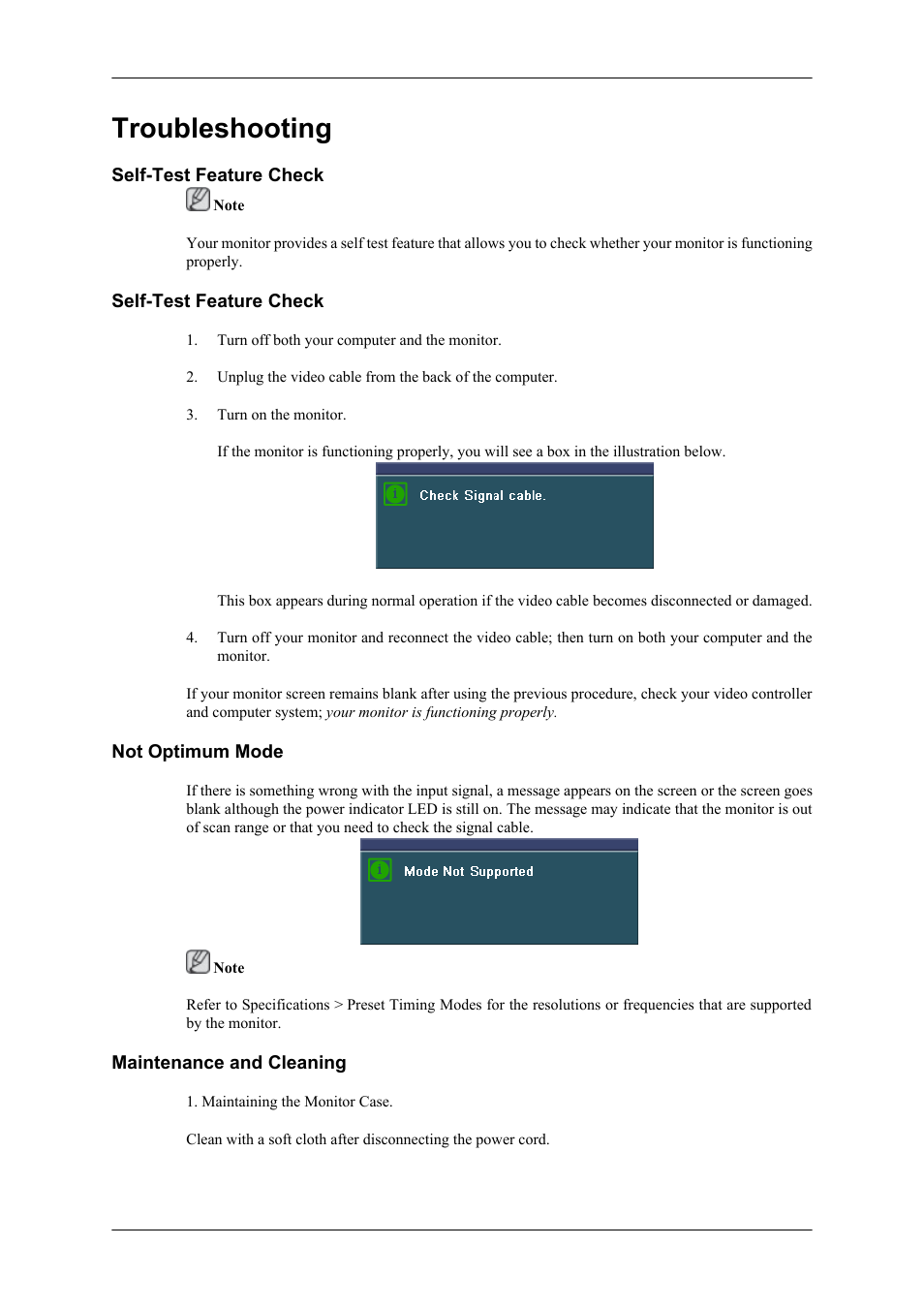 Troubleshooting, Self-test feature check, Not optimum mode | Maintenance and cleaning | Samsung LS20TDNSUV-ZA User Manual | Page 18 / 24