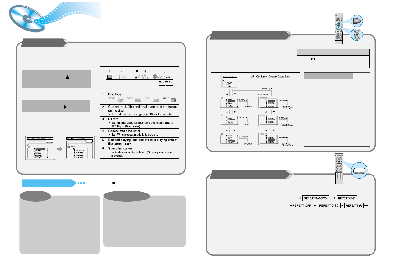 Mp3 playback, Starting playback, Operations using the on-screen display | Repeating playback | Samsung HTDL70DTH-XAA User Manual | Page 15 / 25