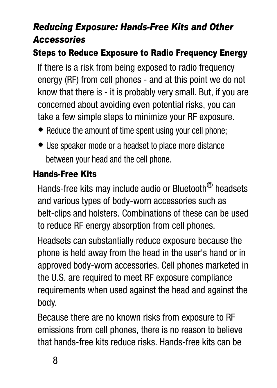 Steps to reduce exposure to radio frequency energy, Hands-free kits | Samsung SM-T537RZWAUSC User Manual | Page 14 / 70