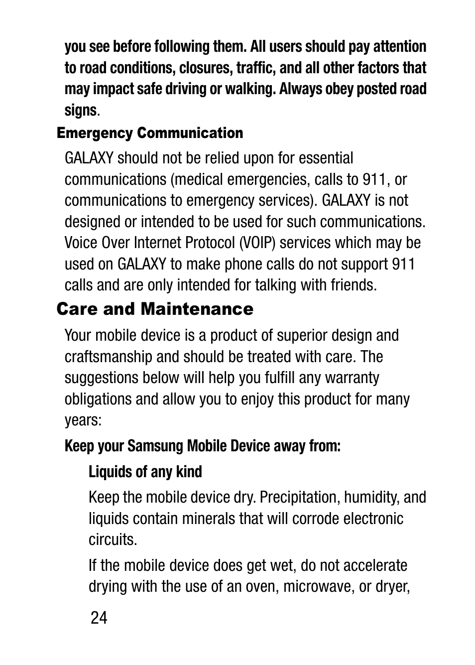 Emergency communication, Care and maintenance | Samsung SM-T537RZWAUSC User Manual | Page 30 / 70