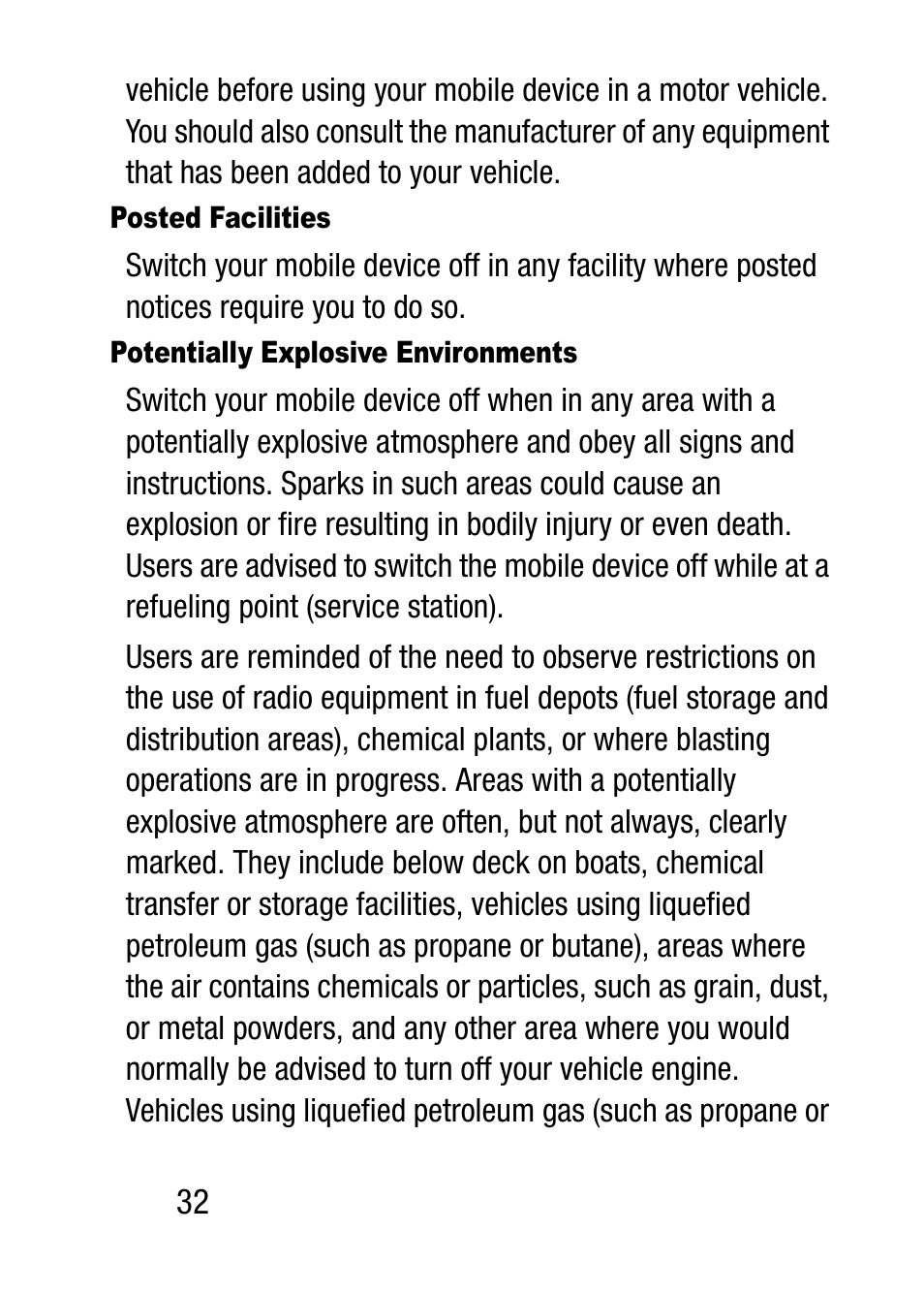 Posted facilities, Potentially explosive environments | Samsung SM-T537RZWAUSC User Manual | Page 38 / 70