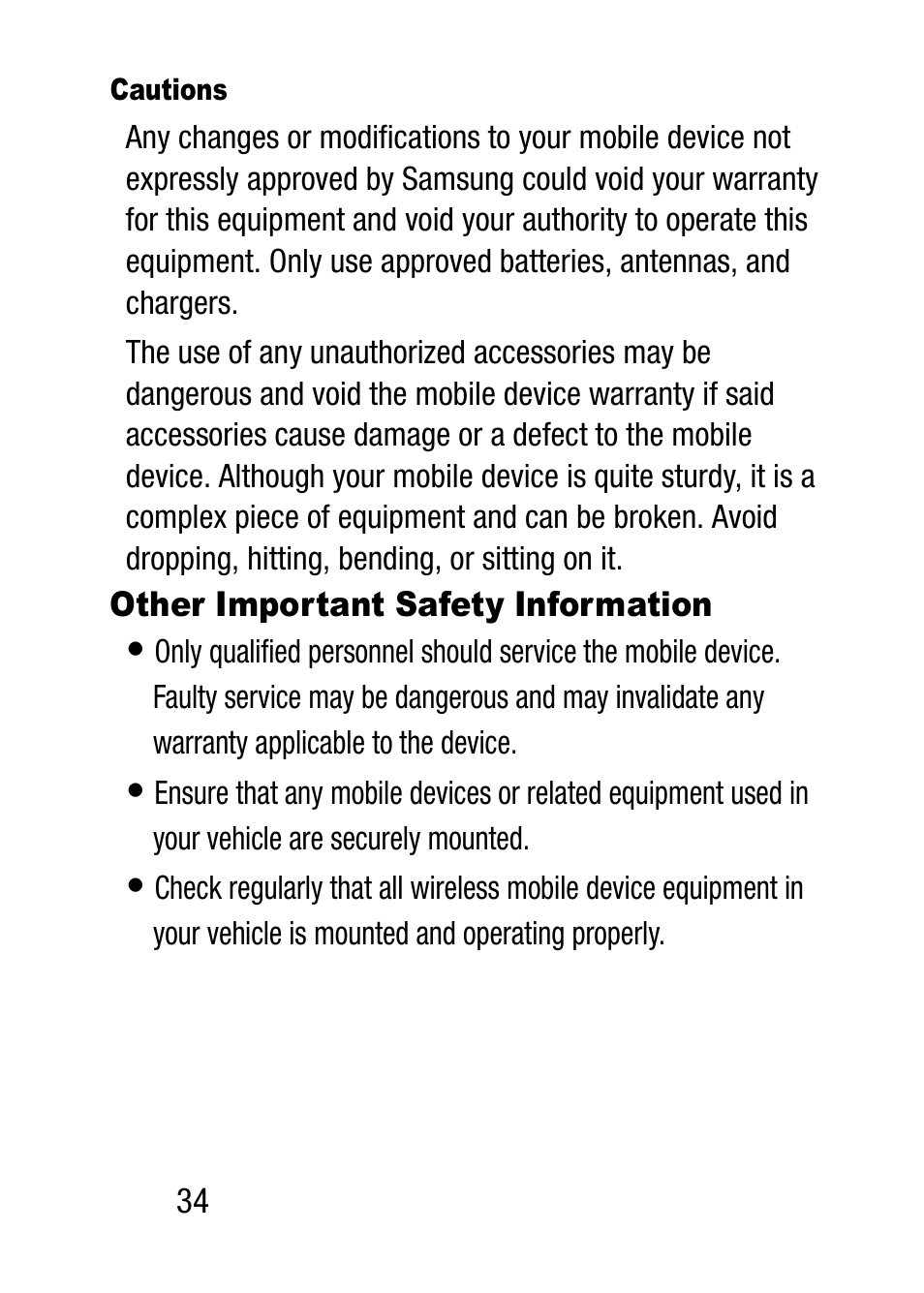 Cautions, Other important safety information | Samsung SM-T537RZWAUSC User Manual | Page 40 / 70