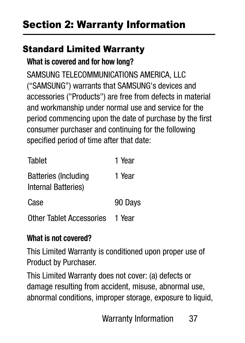 Section 2: warranty information, Standard limited warranty | Samsung SM-T537RZWAUSC User Manual | Page 43 / 70