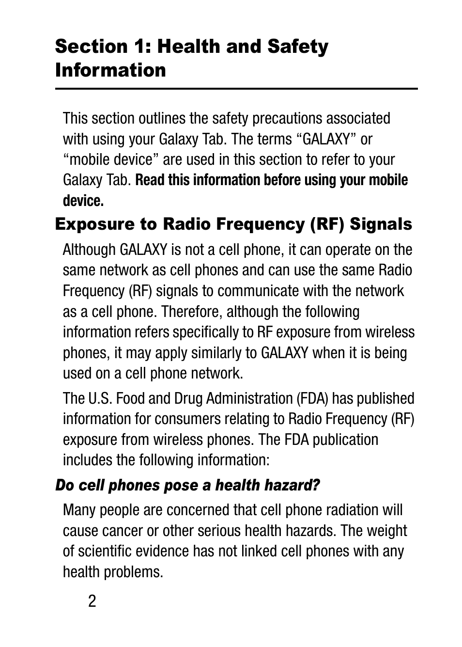 Section 1: health and safety information, Exposure to radio frequency (rf) signals, Do cell phones pose a health hazard | Samsung SM-T537RZWAUSC User Manual | Page 8 / 70