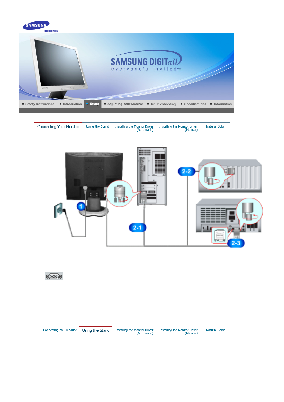 Setup, Connecting the monitor | Samsung LS19MJAKBJ-XAA User Manual | Page 11 / 56