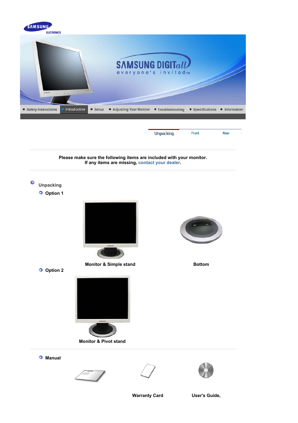 Introduction, Unpacking | Samsung LS19MJAKBJ-XAA User Manual | Page 8 / 56