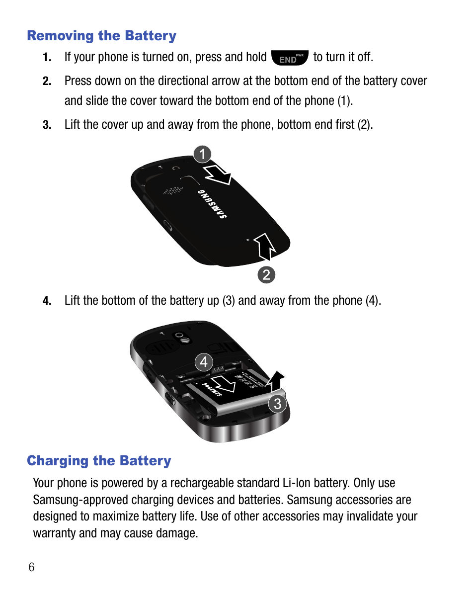 Removing the battery, Charging the battery, Removing the battery charging the battery | Samsung SCH-R355DAASTT User Manual | Page 10 / 78