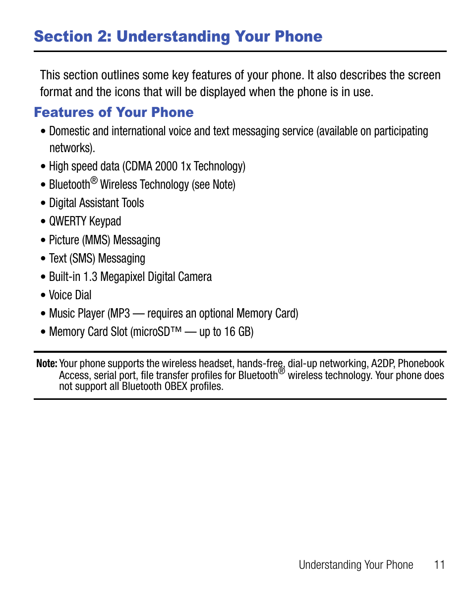 Section 2: understanding your phone, Features of your phone | Samsung SCH-R355DAASTT User Manual | Page 15 / 78