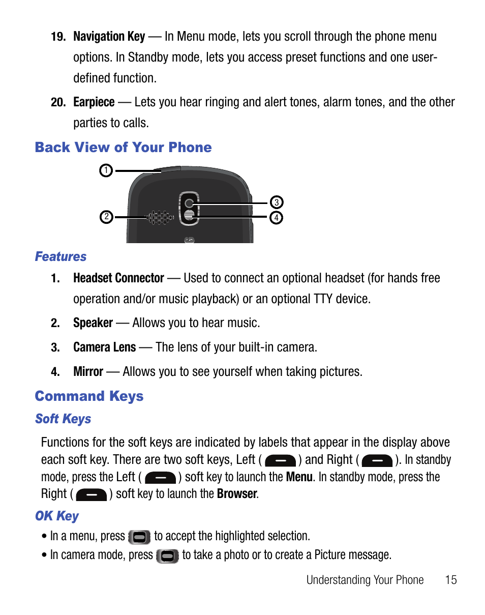 Back view of your phone, Command keys, Back view of your phone command keys | Samsung SCH-R355DAASTT User Manual | Page 19 / 78