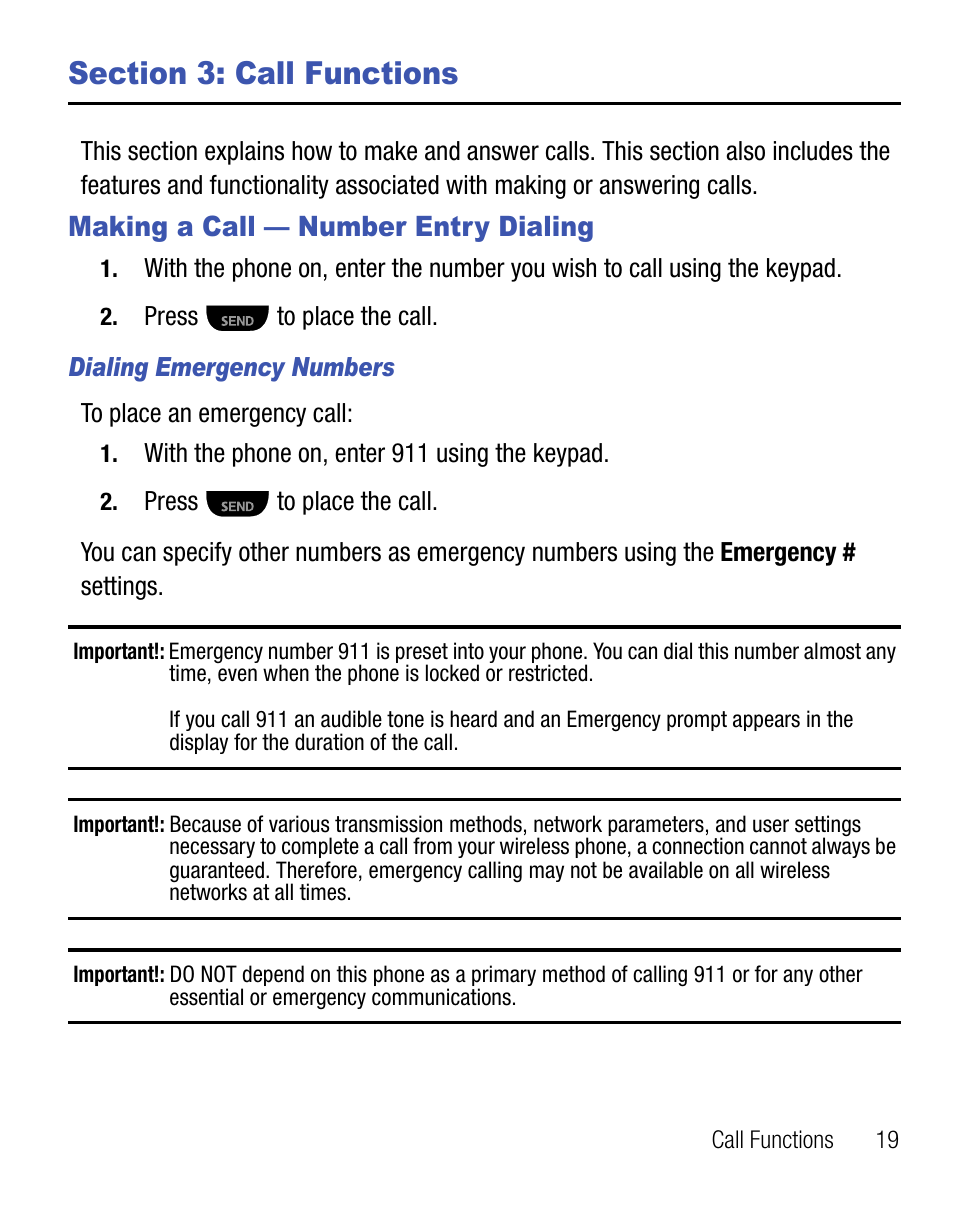 Section 3: call functions, Making a call — number entry dialing | Samsung SCH-R355DAASTT User Manual | Page 23 / 78