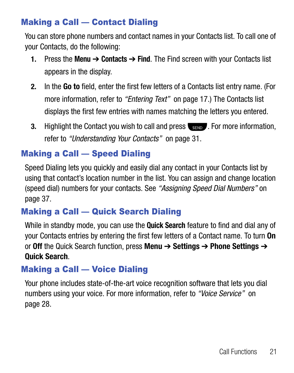 Making a call — contact dialing, Making a call — speed dialing, Making a call — quick search dialing | Making a call — voice dialing | Samsung SCH-R355DAASTT User Manual | Page 25 / 78