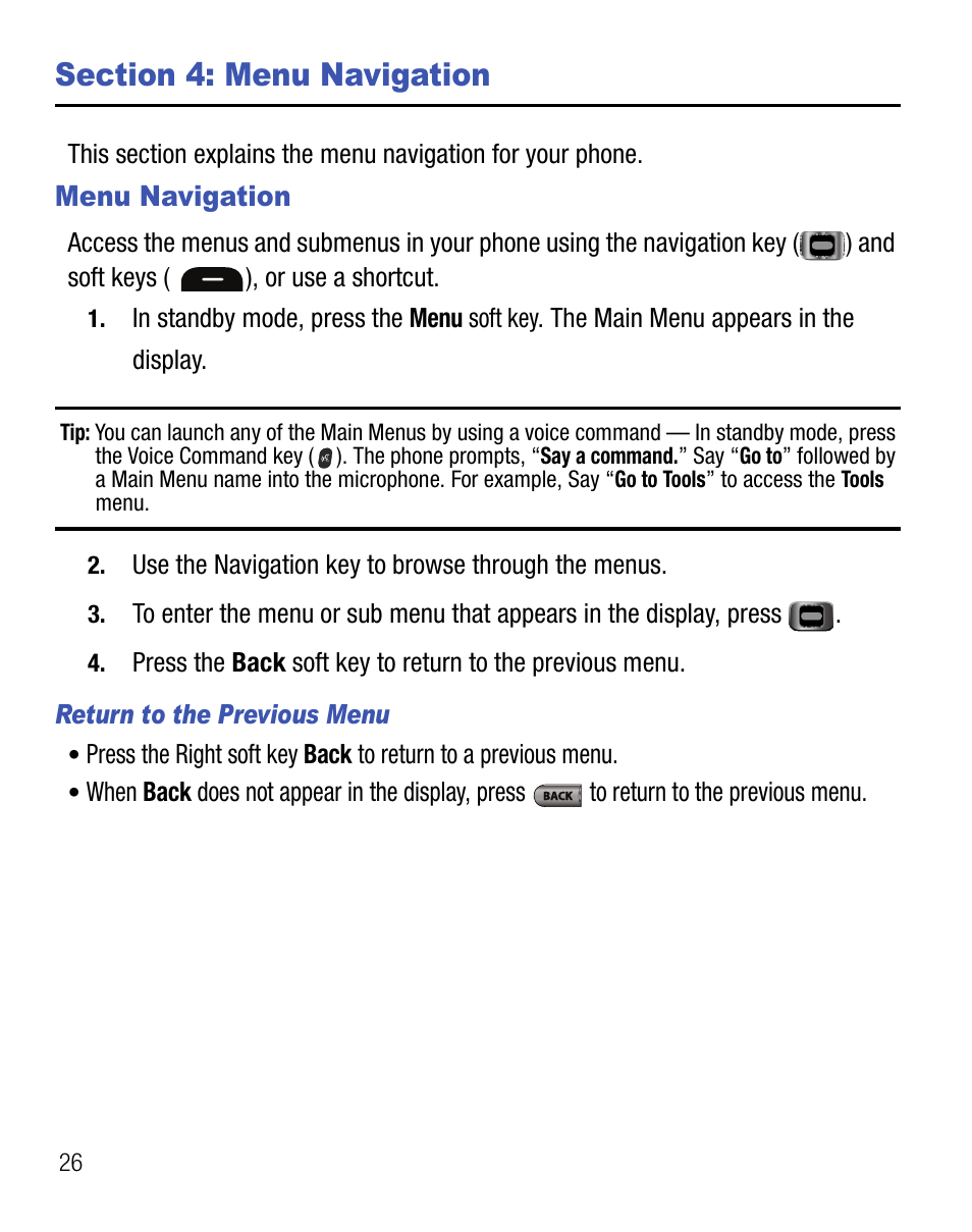 Section 4: menu navigation, Menu navigation | Samsung SCH-R355DAASTT User Manual | Page 30 / 78