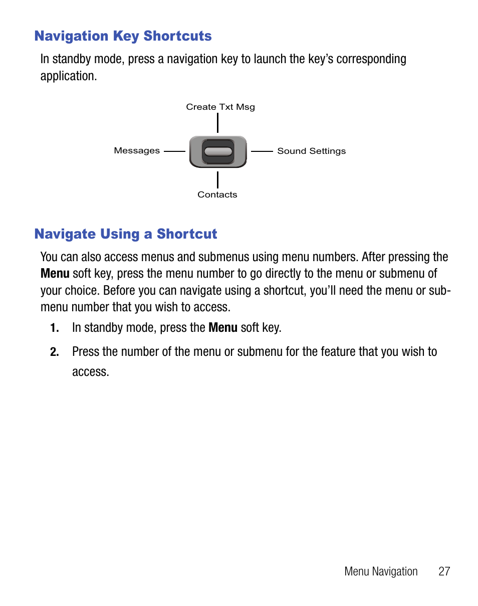 Navigation key shortcuts, Navigate using a shortcut, Navigation key shortcuts navigate using a shortcut | Samsung SCH-R355DAASTT User Manual | Page 31 / 78