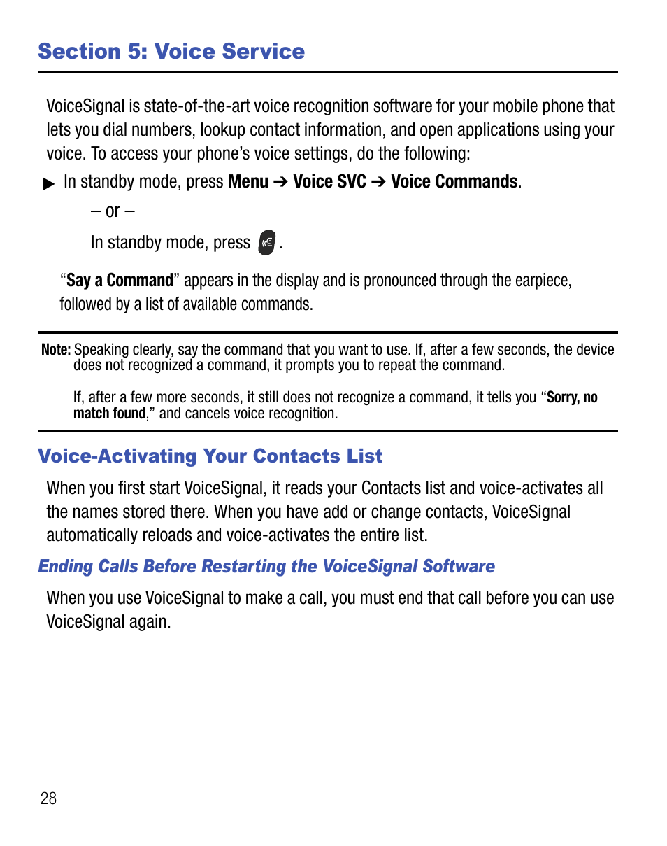 Section 5: voice service, Voice-activating your contacts list | Samsung SCH-R355DAASTT User Manual | Page 32 / 78