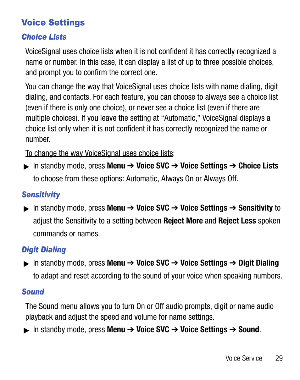 Voice settings | Samsung SCH-R355DAASTT User Manual | Page 33 / 78