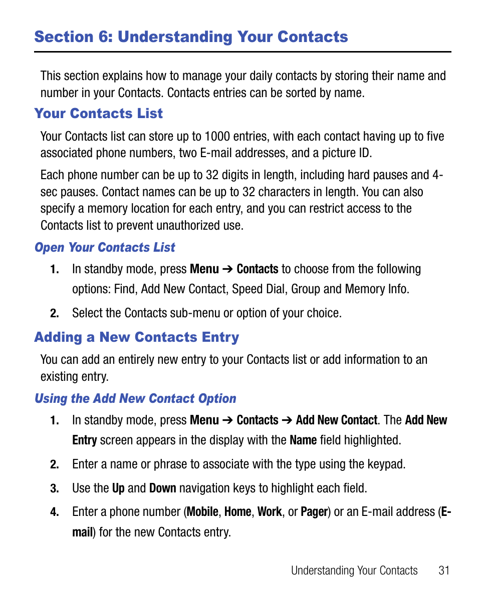 Section 6: understanding your contacts, Your contacts list, Adding a new contacts entry | Your contacts list adding a new contacts entry, For more information | Samsung SCH-R355DAASTT User Manual | Page 35 / 78