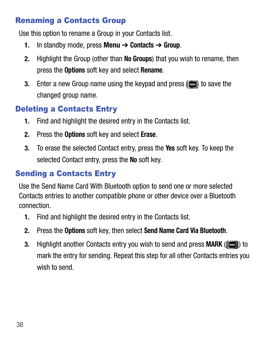 Renaming a contacts group, Deleting a contacts entry, Sending a contacts entry | Samsung SCH-R355DAASTT User Manual | Page 42 / 78