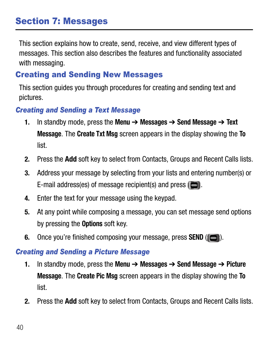 Section 7: messages, Creating and sending new messages | Samsung SCH-R355DAASTT User Manual | Page 44 / 78