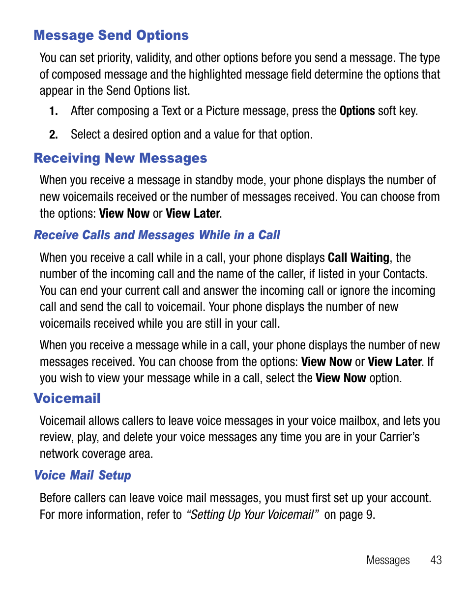 Message send options, Receiving new messages, Voicemail | For more | Samsung SCH-R355DAASTT User Manual | Page 47 / 78