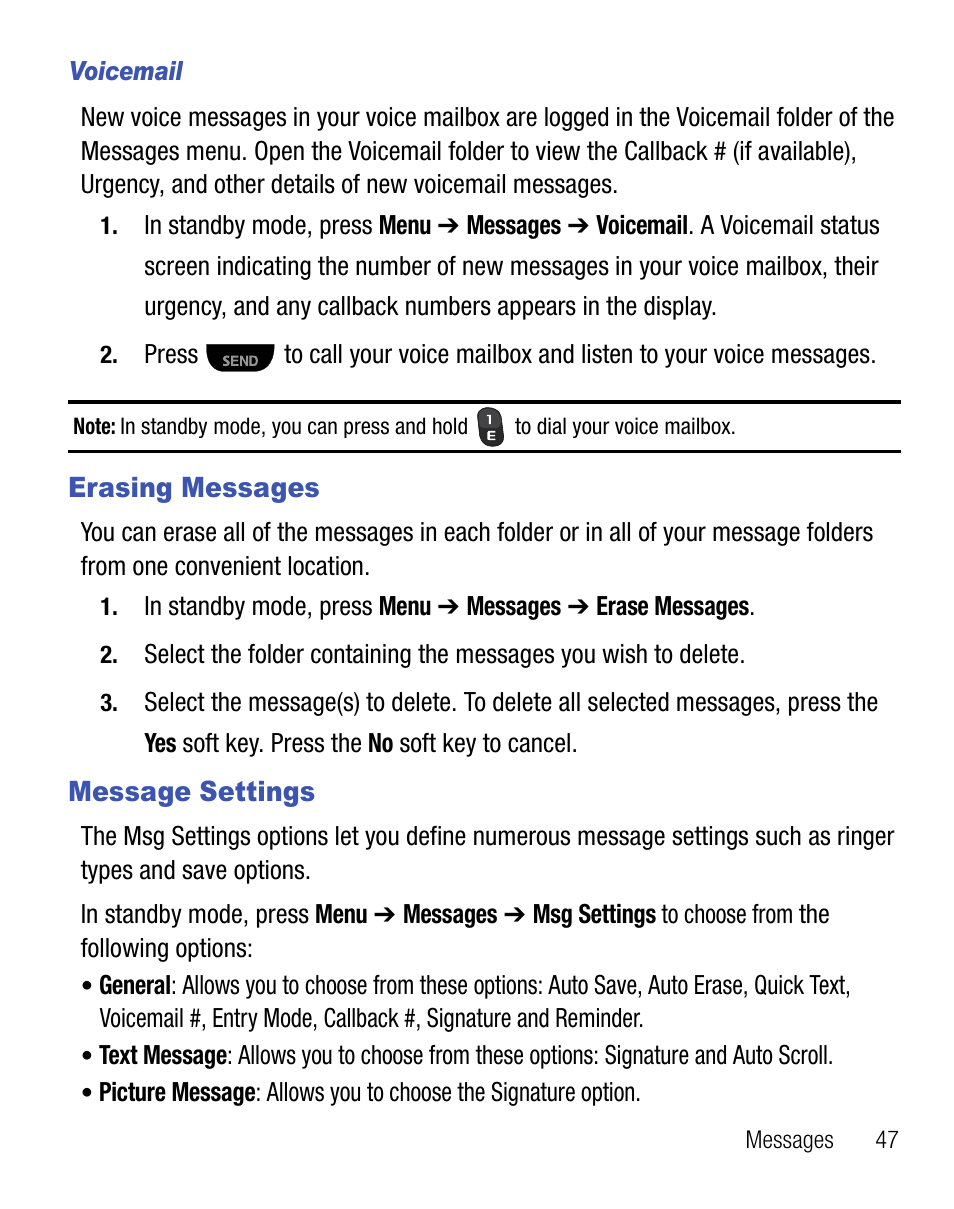 Erasing messages, Message settings, Erasing messages message settings | Samsung SCH-R355DAASTT User Manual | Page 51 / 78