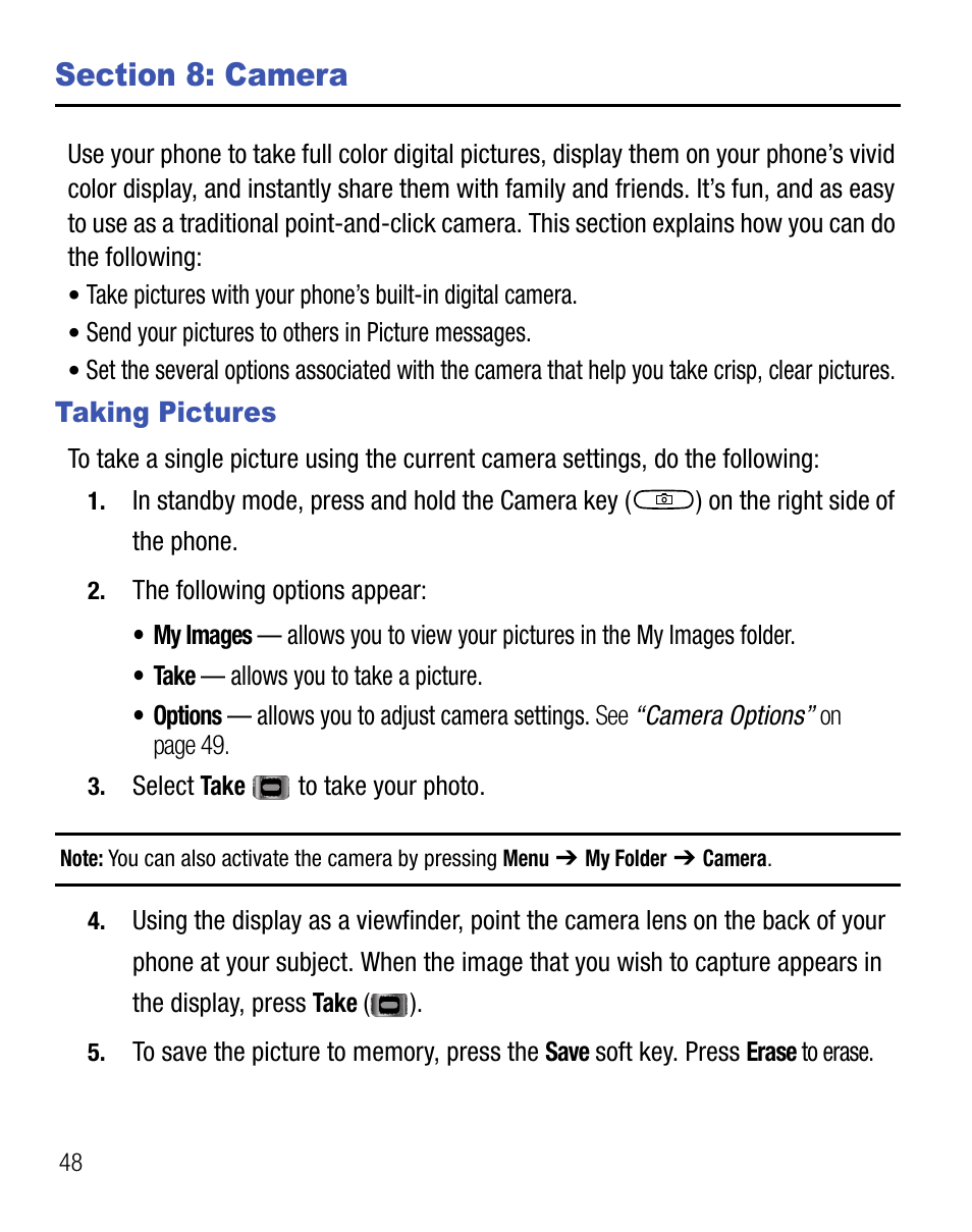 Section 8: camera, Taking pictures | Samsung SCH-R355DAASTT User Manual | Page 52 / 78