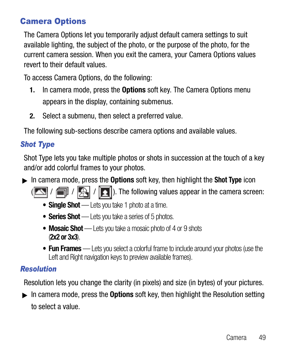 Camera options | Samsung SCH-R355DAASTT User Manual | Page 53 / 78