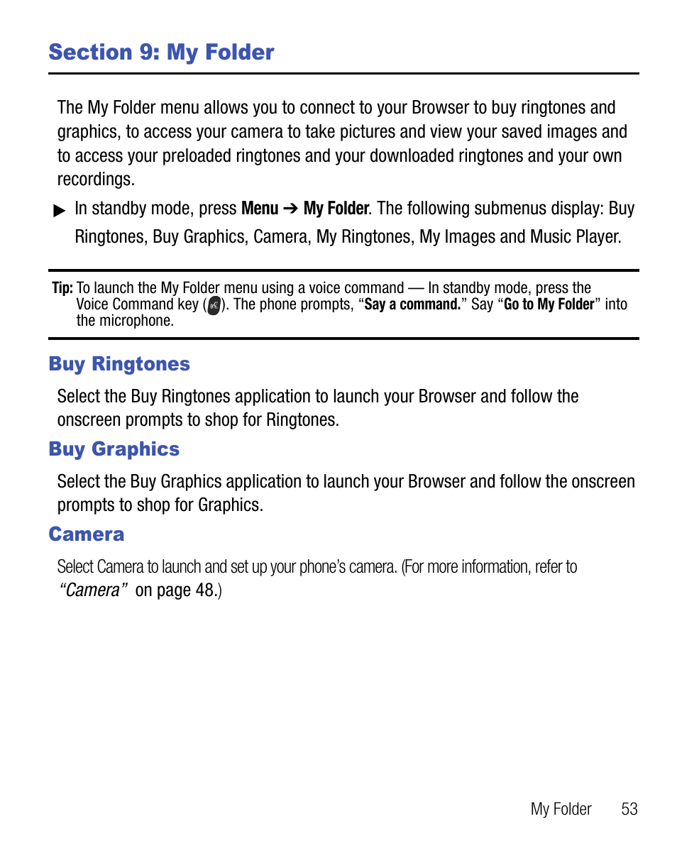 Section 9: my folder, Buy ringtones, Buy graphics | Camera, Buy ringtones buy graphics camera | Samsung SCH-R355DAASTT User Manual | Page 57 / 78