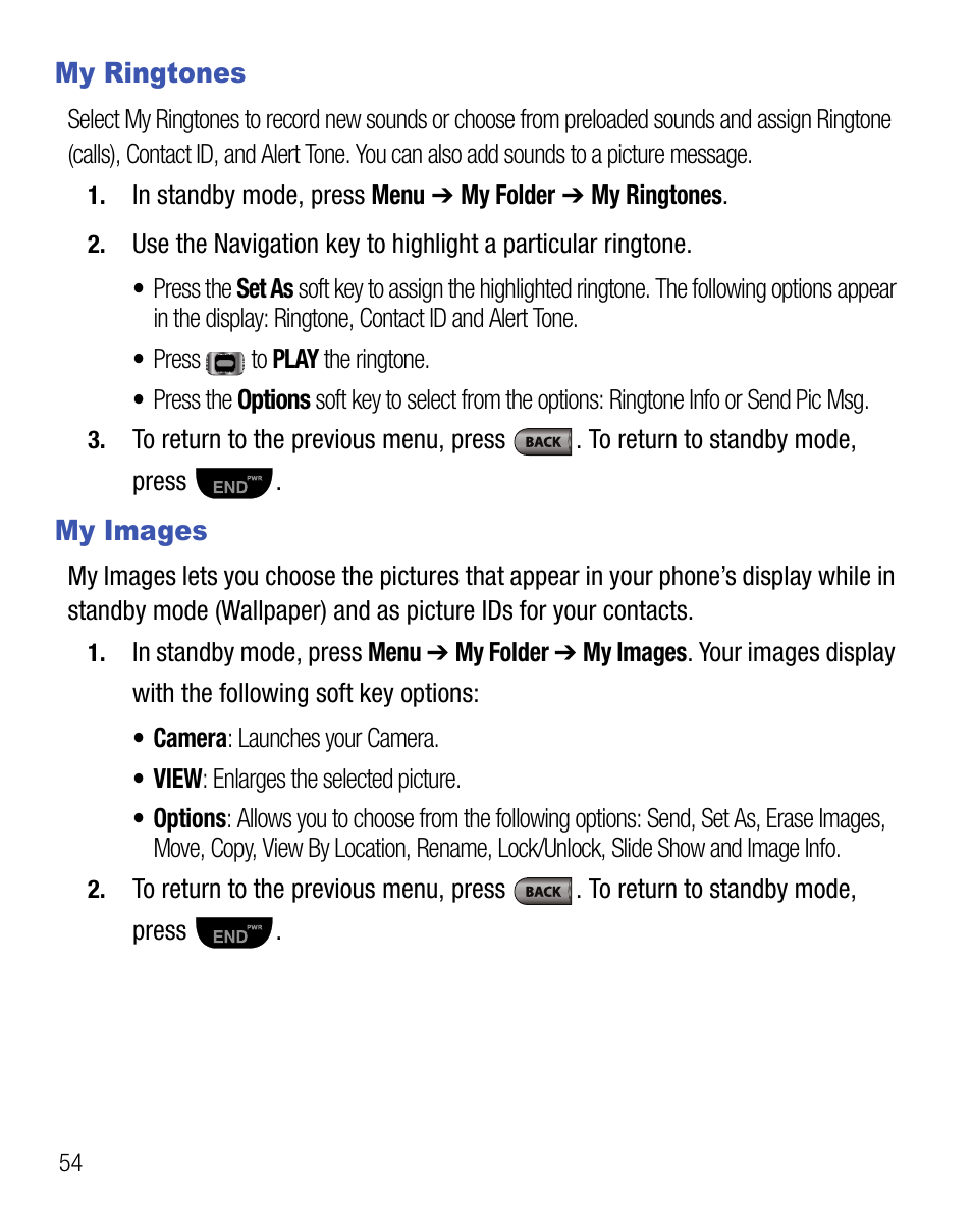 My ringtones, My images, My ringtones my images | Samsung SCH-R355DAASTT User Manual | Page 58 / 78