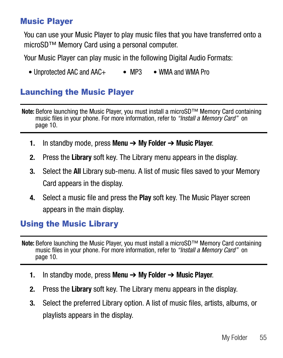 Music player, Launching the music player, Using the music library | Launching the music player using the music library | Samsung SCH-R355DAASTT User Manual | Page 59 / 78