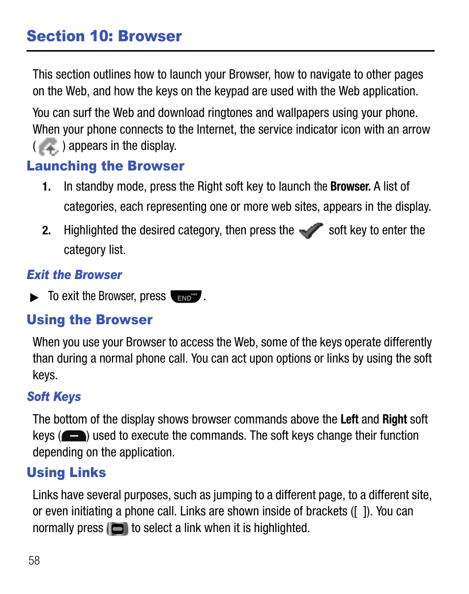 Section 10: browser, Launching the browser, Using the browser | Using links | Samsung SCH-R355DAASTT User Manual | Page 62 / 78