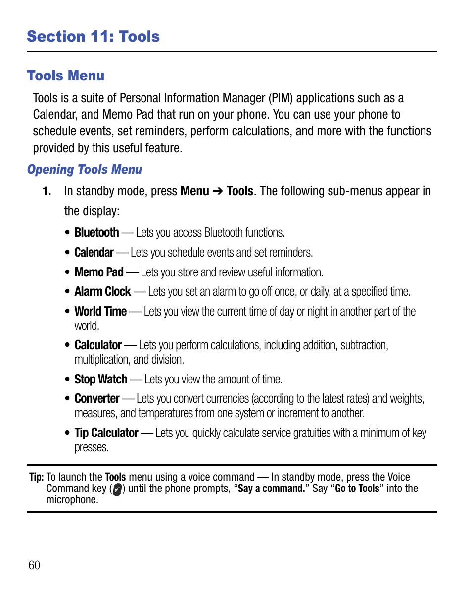 Section 11: tools, Tools menu | Samsung SCH-R355DAASTT User Manual | Page 64 / 78