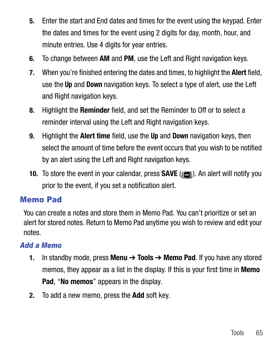 Memo pad | Samsung SCH-R355DAASTT User Manual | Page 69 / 78