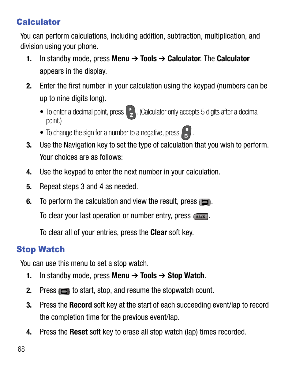 Calculator, Stop watch, Calculator stop watch | Samsung SCH-R355DAASTT User Manual | Page 72 / 78