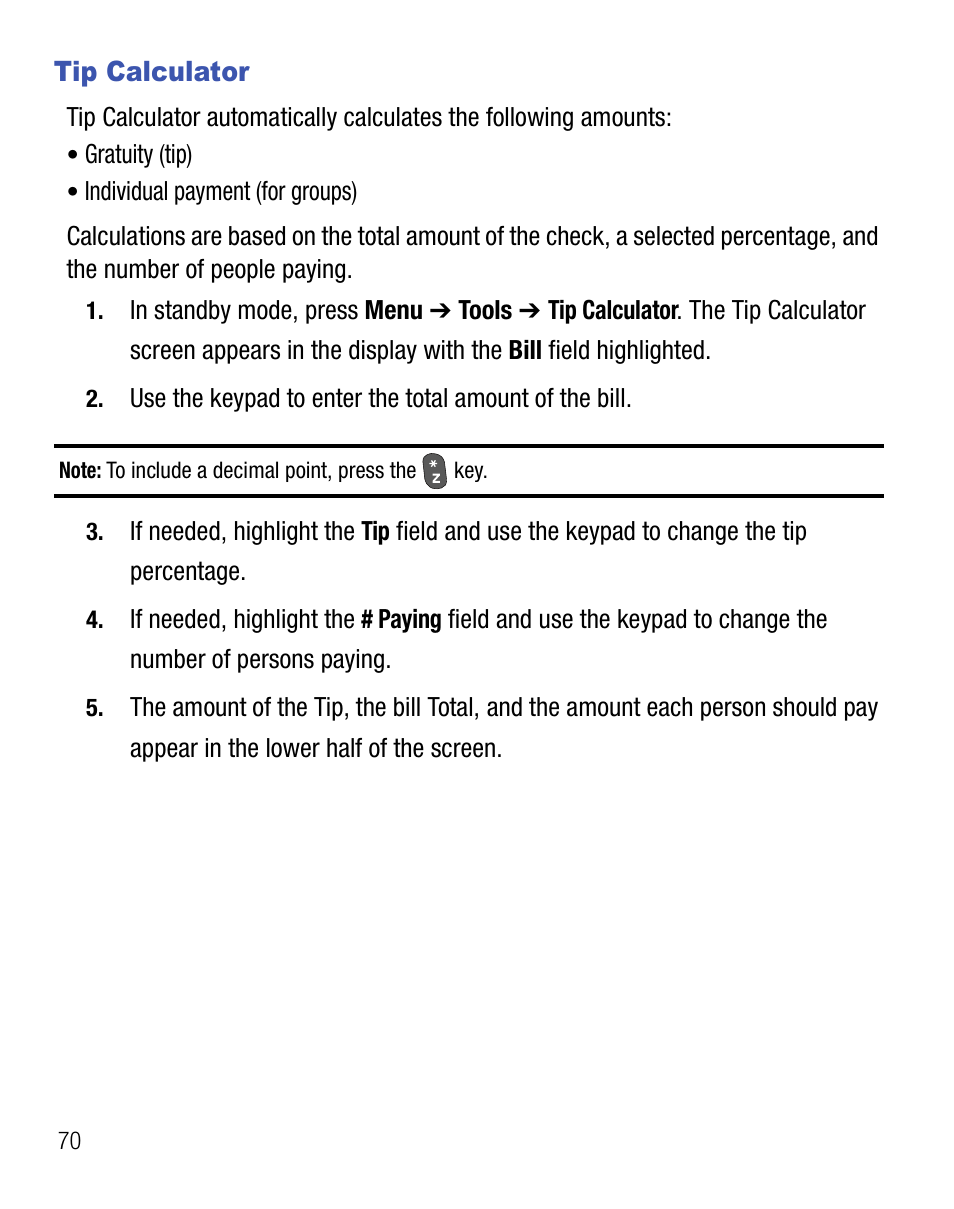 Tip calculator | Samsung SCH-R355DAASTT User Manual | Page 74 / 78