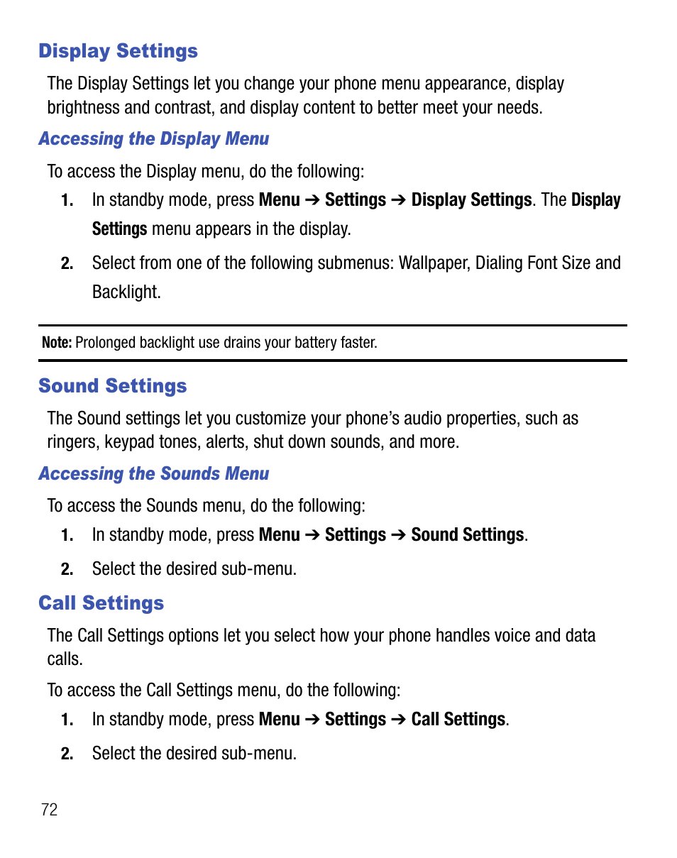 Display settings, Sound settings, Call settings | Display settings sound settings call settings, For more information, refer to, For more information, refer to “call settings” on | Samsung SCH-R355DAASTT User Manual | Page 76 / 78