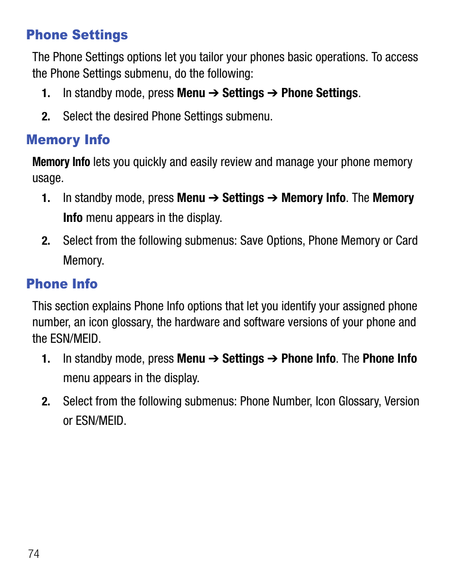 Phone settings, Memory info, Phone info | Phone settings memory info phone info | Samsung SCH-R355DAASTT User Manual | Page 78 / 78